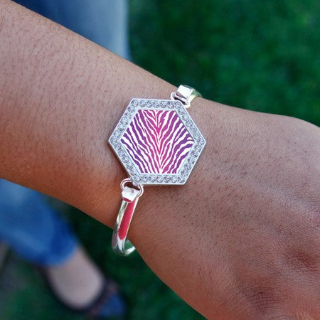 Silver Pink Tiger Print Hexagon Charm Bangle Bracelet