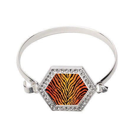 Silver Tiger Print Hexagon Charm Bangle Bracelet