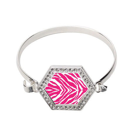 Silver Pink Zebra Print Hexagon Charm Bangle Bracelet