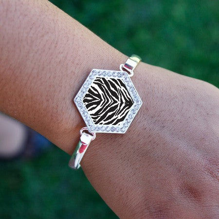 Silver Zebra Print Hexagon Charm Bangle Bracelet