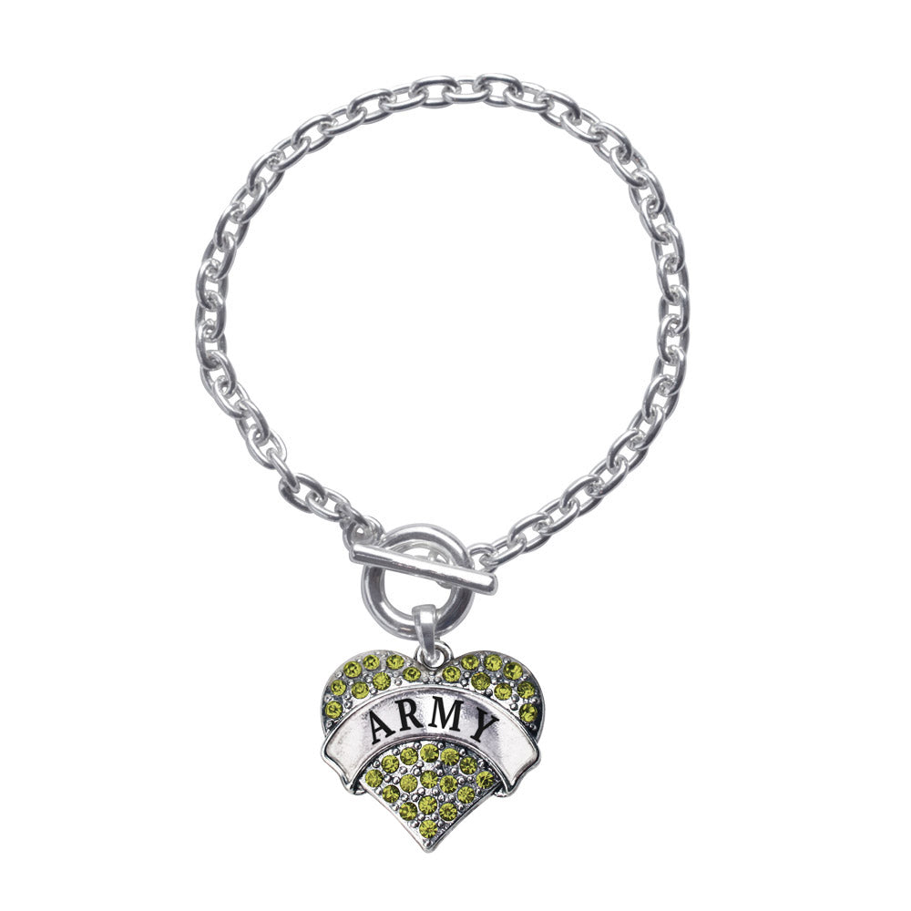 Silver Army Green Pave Heart Charm Toggle Bracelet
