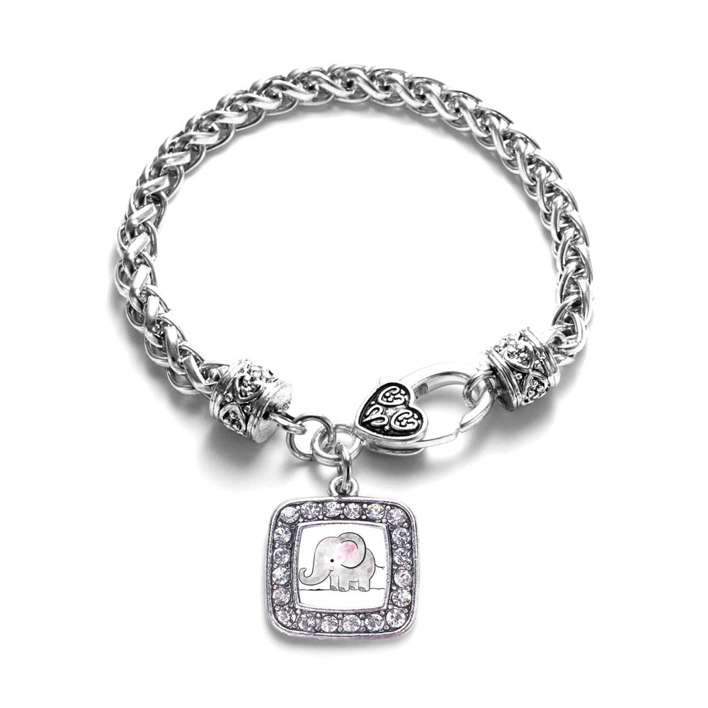 Silver Baby Elephant Square Charm Braided Bracelet