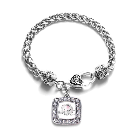 Silver Baby Elephant Square Charm Braided Bracelet