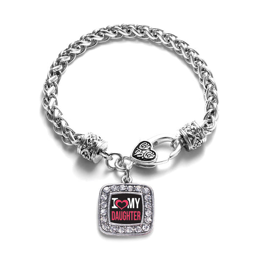 Silver I Love My Daughter Square Charm Braided Bracelet