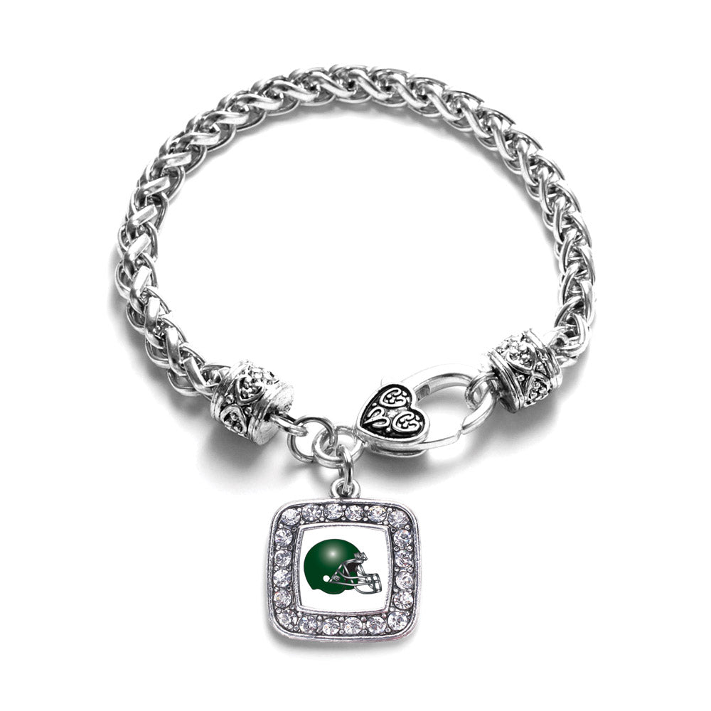 Silver White and Green Team Helmet Square Charm Braided Bracelet