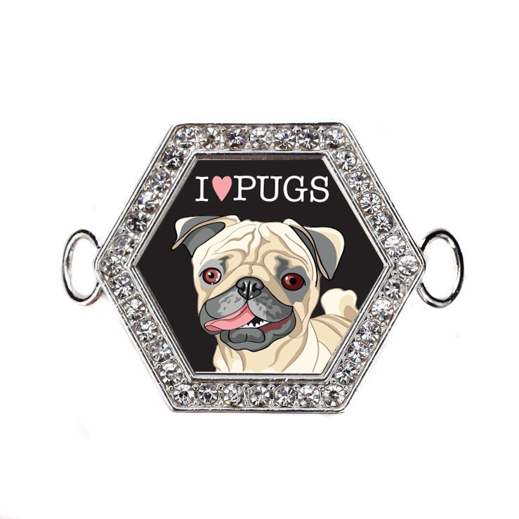 Silver I Love Pugs Hexagon Charm Bangle Bracelet