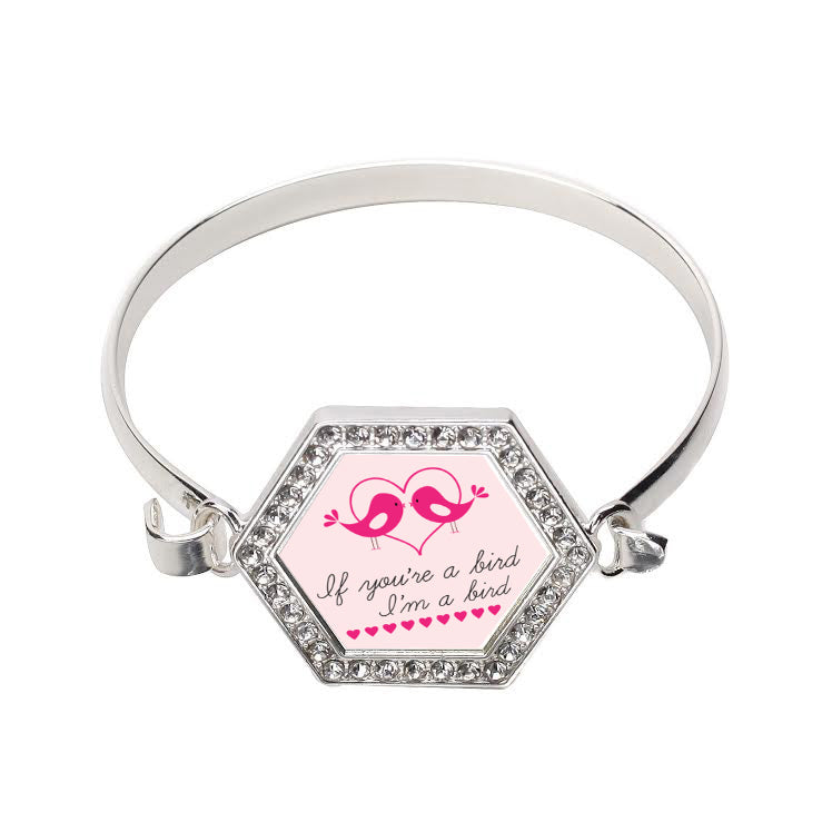 Silver Love Birds Hexagon Charm Bangle Bracelet