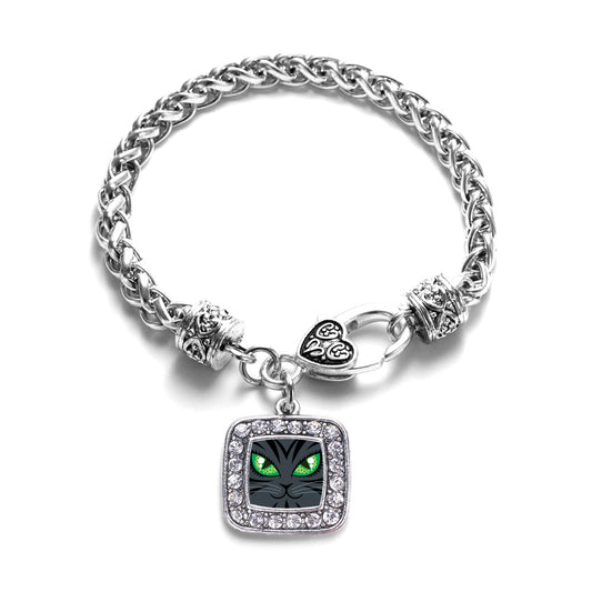 Silver Mischievous Cat Square Charm Braided Bracelet