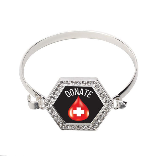 Silver Donate Blood Hexagon Charm Bangle Bracelet
