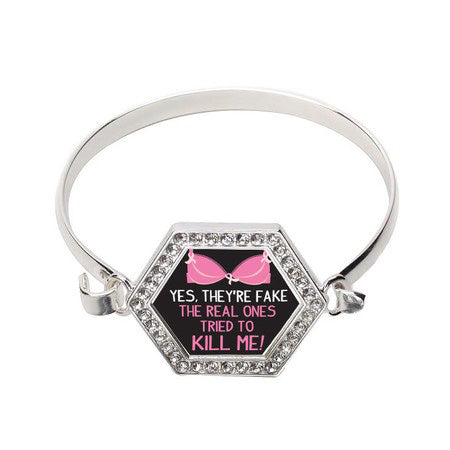 Silver Yes, They're Fake Breast Cancer Support Hexagon Charm Bangle Bracelet