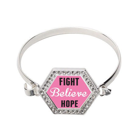 Silver Fight, Believe, Hope Breast Cancer Support Hexagon Charm Bangle Bracelet