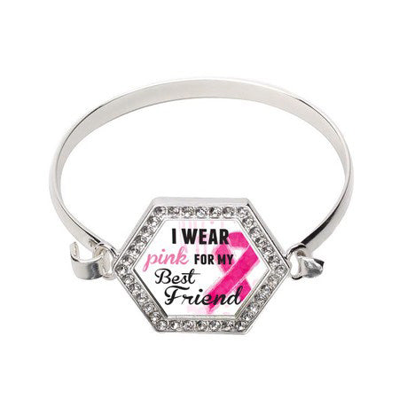 Silver I Wear Pink For My Best Friend Hexagon Charm Bangle Bracelet