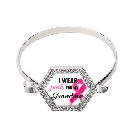 Silver I Wear Pink For My Grandma Hexagon Charm Bangle Bracelet