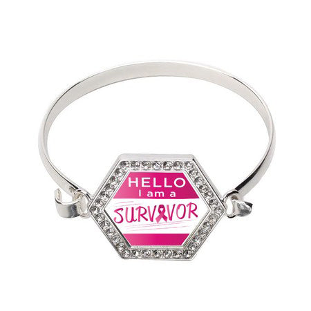 Silver Hello, I Am A Survivor! Hexagon Charm Bangle Bracelet