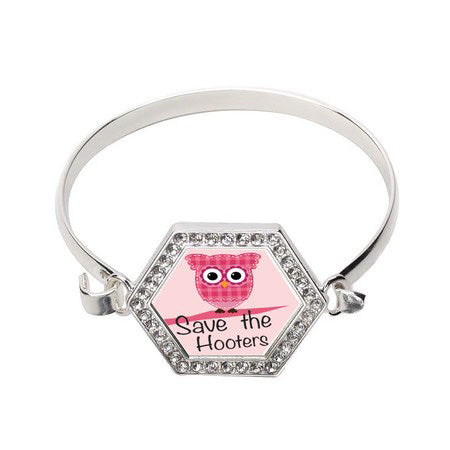 Silver Save The Hooters Breast Cancer Support Hexagon Charm Bangle Bracelet