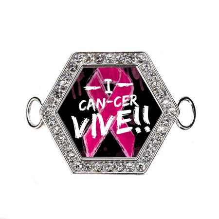 Silver I Can-Cer-Vive! Breast Cancer Hexagon Charm Bangle Bracelet