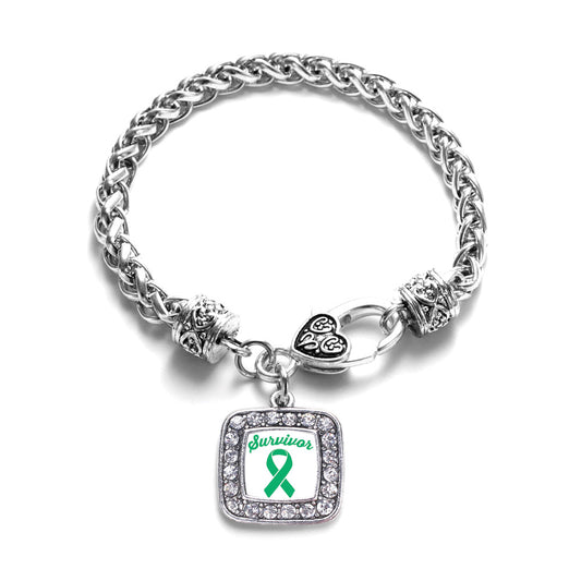 Silver Green Ribbon Survivor Square Charm Braided Bracelet