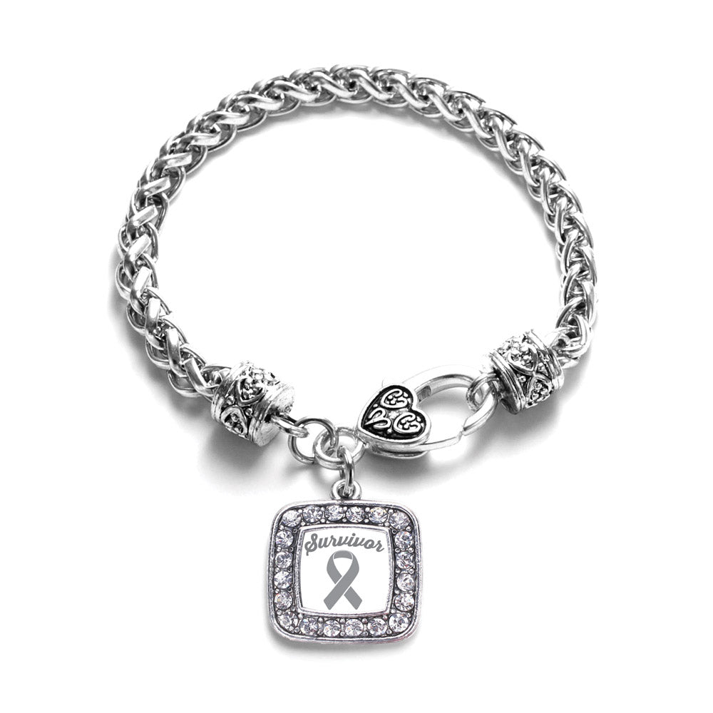 Silver Gray Ribbon Survivor Square Charm Braided Bracelet