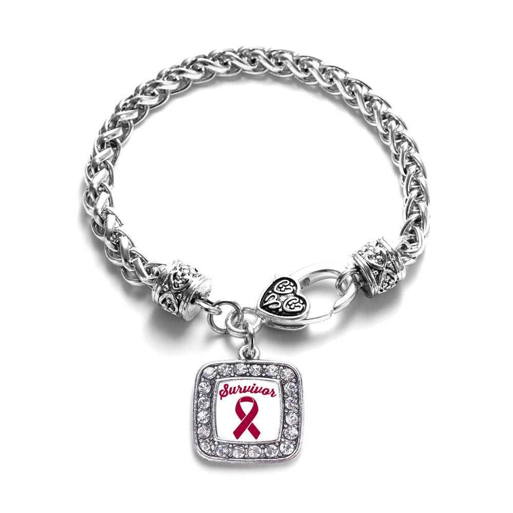 Silver Burgundy Ribbon Survivor Square Charm Braided Bracelet