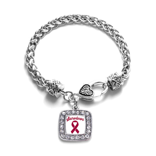 Silver Burgundy Ribbon Survivor Square Charm Braided Bracelet