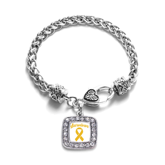 Silver Yellow Ribbon Survivor Square Charm Braided Bracelet