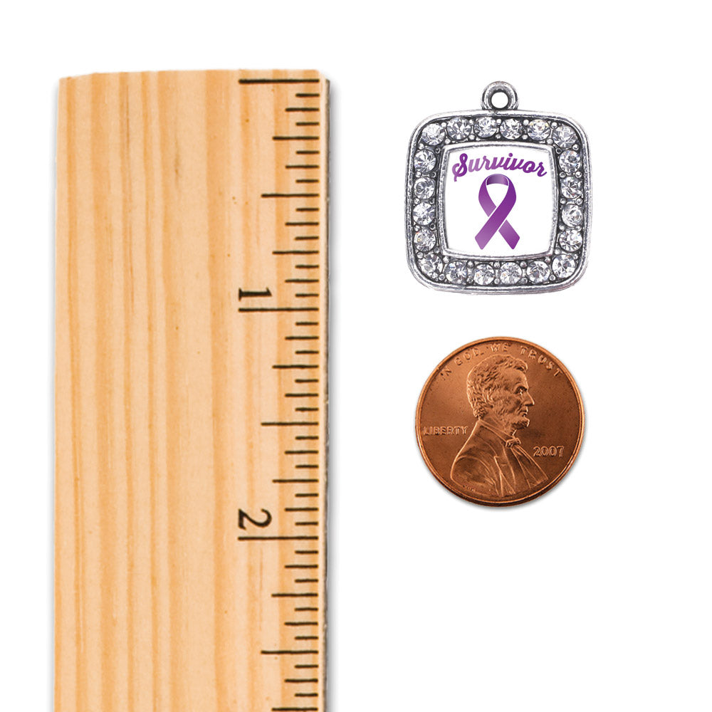 Silver Purple Ribbon Survivor Square Charm Braided Bracelet