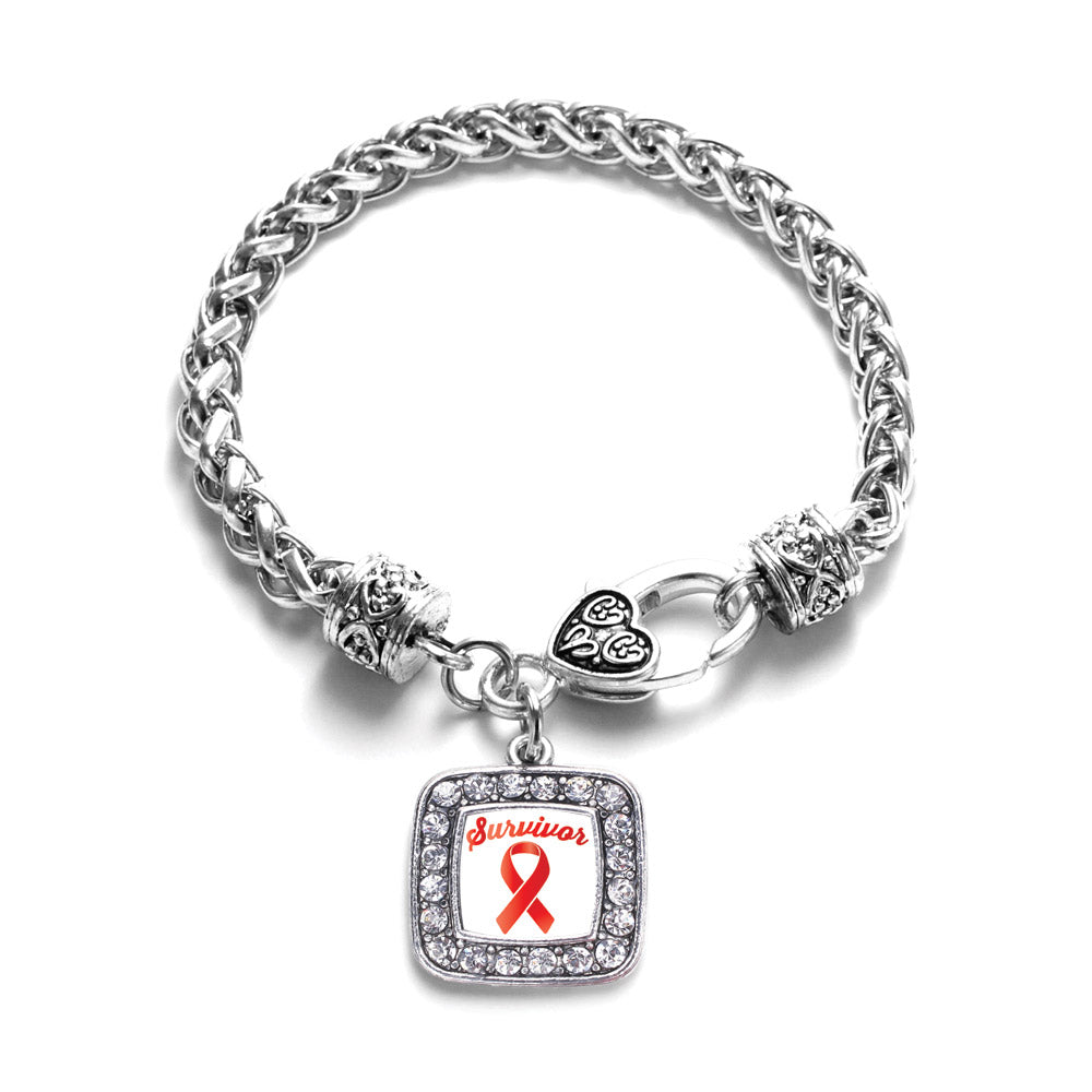 Silver Red Ribbon Survivor Square Charm Braided Bracelet