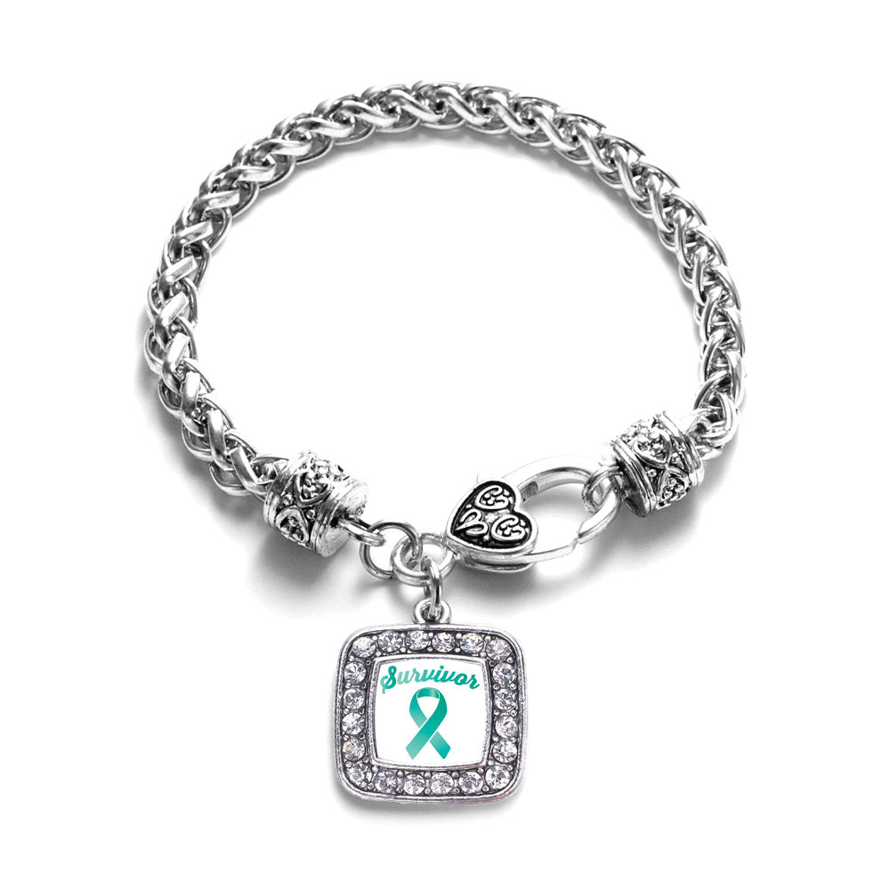 Silver Teal Ribbon Survivor Square Charm Braided Bracelet