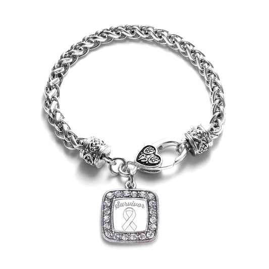 Silver White Ribbon Survivor Square Charm Braided Bracelet