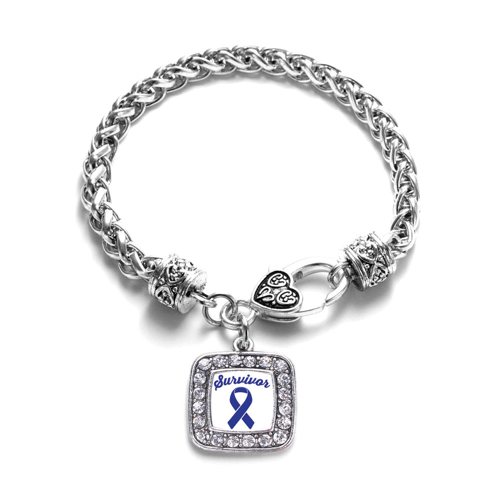 Silver Blue Ribbon Survivor Square Charm Braided Bracelet
