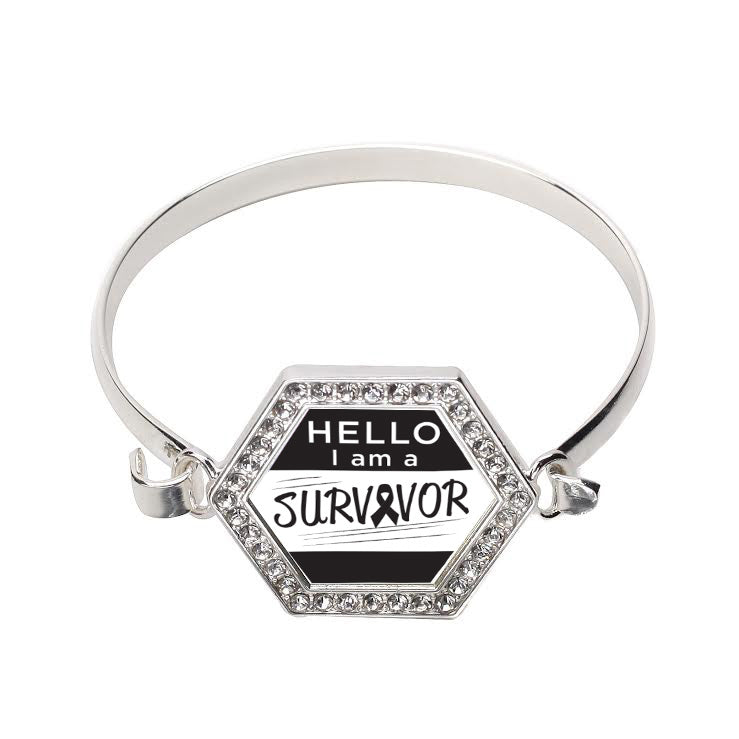 Silver Hello, I Am A Survivor! Black Ribbon Hexagon Charm Bangle Bracelet