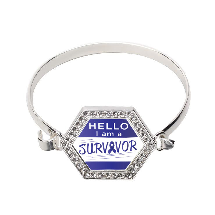 Silver Hello, I Am A Survivor! Blue Ribbon Hexagon Charm Bangle Bracelet