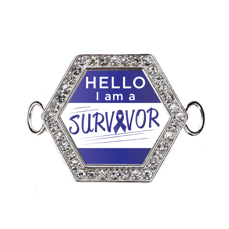 Silver Hello, I Am A Survivor! Blue Ribbon Hexagon Charm Bangle Bracelet