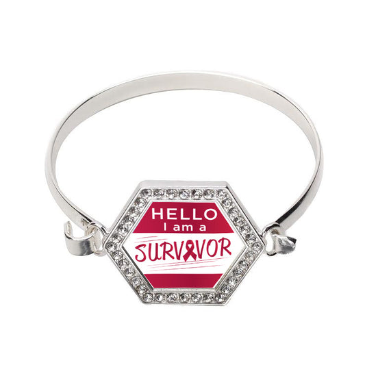 Silver Hello, I Am A Survivor! Burgundy Ribbon Hexagon Charm Bangle Bracelet