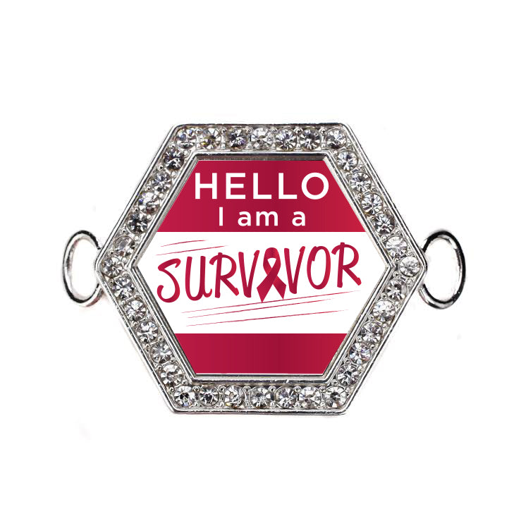 Silver Hello, I Am A Survivor! Burgundy Ribbon Hexagon Charm Bangle Bracelet