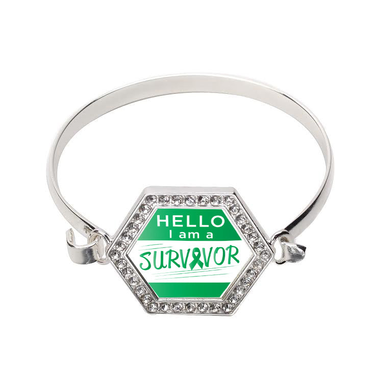 Silver Hello, I Am A Survivor! Green Ribbon Hexagon Charm Bangle Bracelet