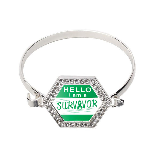 Silver Hello, I Am A Survivor! Green Ribbon Hexagon Charm Bangle Bracelet