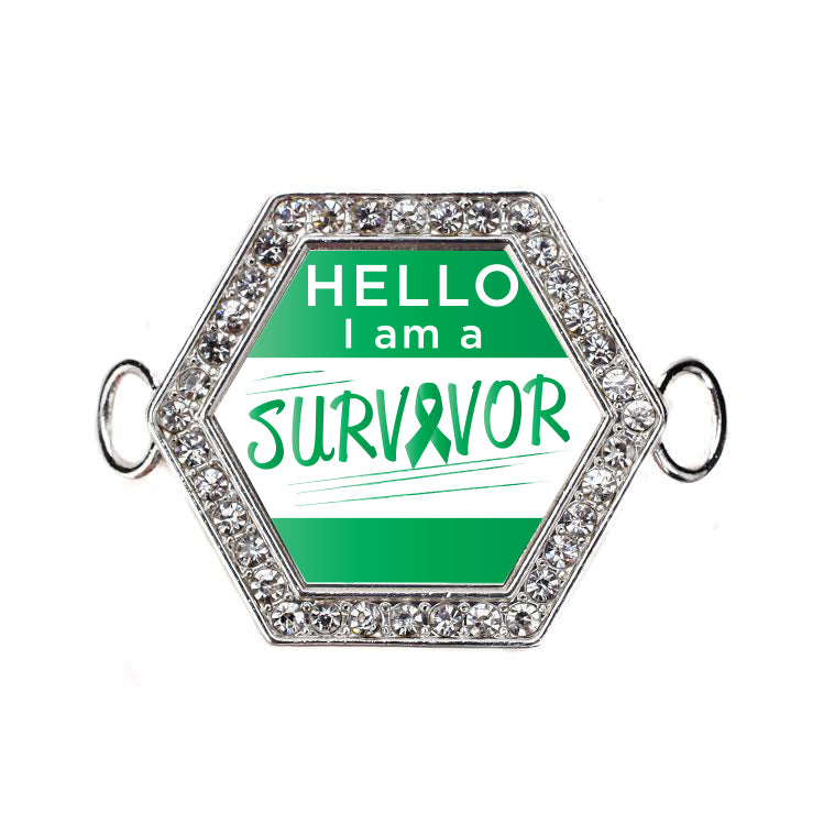 Silver Hello, I Am A Survivor! Green Ribbon Hexagon Charm Bangle Bracelet