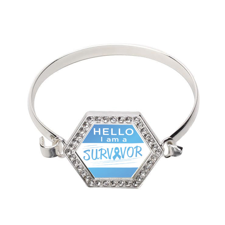 Silver Hello, I Am A Survivor! Light Blue Ribbon Hexagon Charm Bangle Bracelet