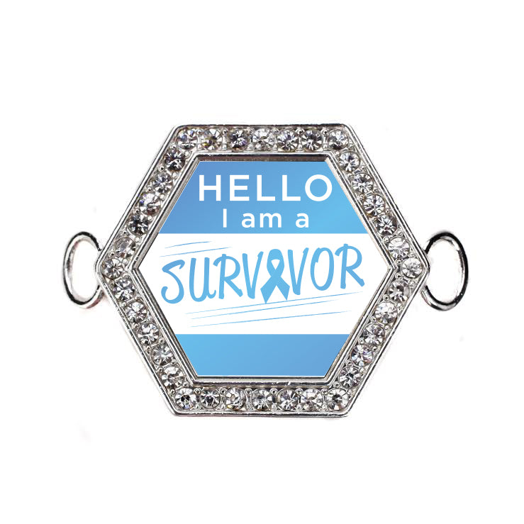 Silver Hello, I Am A Survivor! Light Blue Ribbon Hexagon Charm Bangle Bracelet