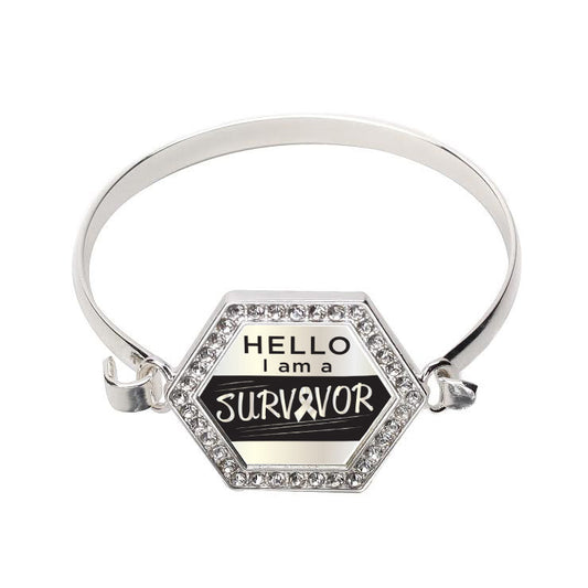 Silver Hello, I Am A Survivor! Pearl Ribbon Hexagon Charm Bangle Bracelet