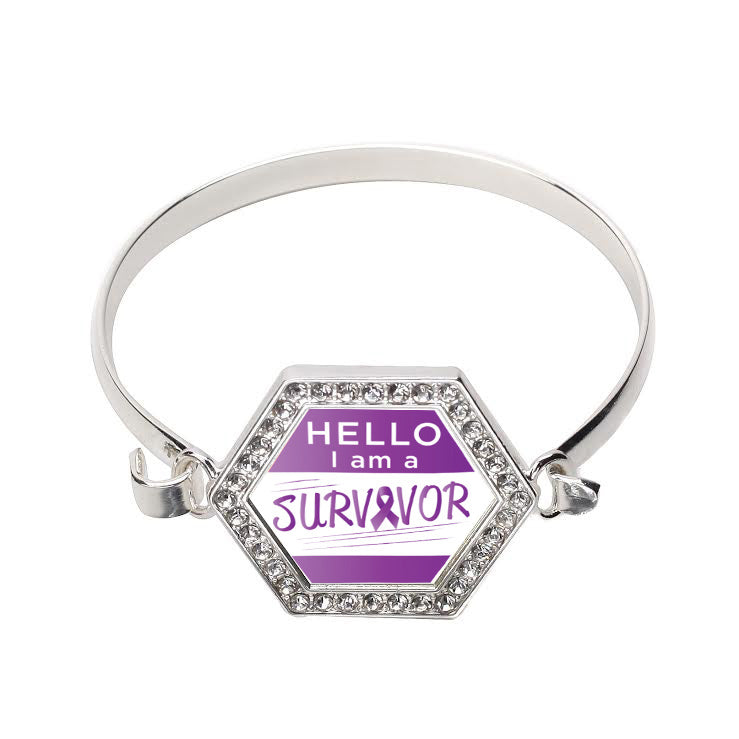 Silver Hello, I Am A Survivor! Purple Ribbon Hexagon Charm Bangle Bracelet