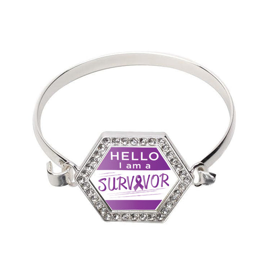 Silver Hello, I Am A Survivor! Purple Ribbon Hexagon Charm Bangle Bracelet
