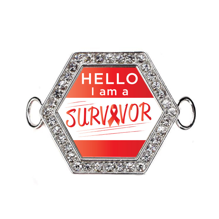 Silver Hello, I Am A Survivor! Red Ribbon Hexagon Charm Bangle Bracelet