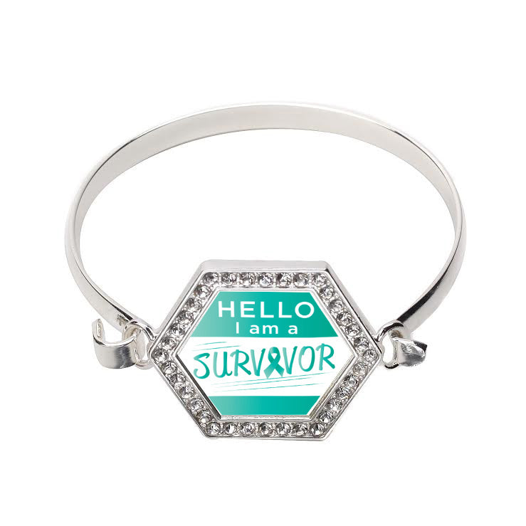 Silver Hello, I Am A Survivor! Teal Ribbon Hexagon Charm Bangle Bracelet
