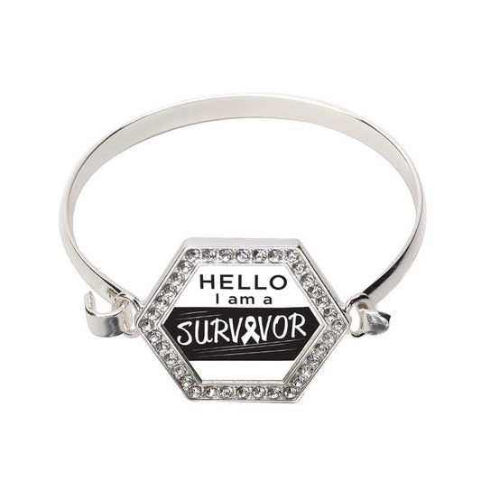 Silver Hello, I Am A Survivor! White Ribbon Hexagon Charm Bangle Bracelet