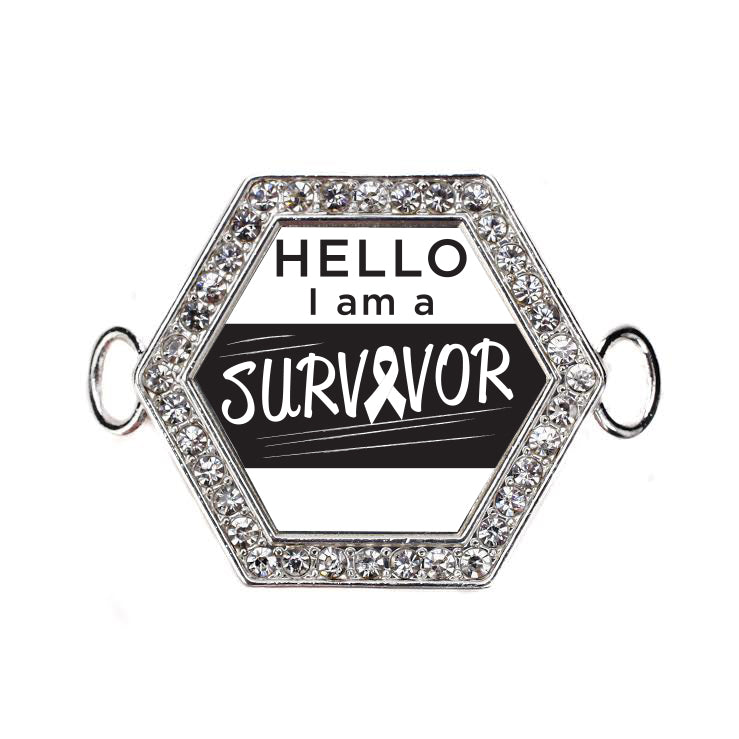 Silver Hello, I Am A Survivor! White Ribbon Hexagon Charm Bangle Bracelet