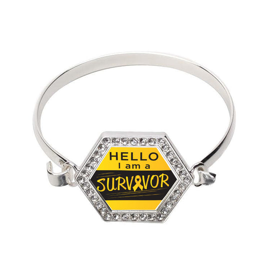 Silver Hello, I Am A Survivor! Yellow Ribbon Hexagon Charm Bangle Bracelet