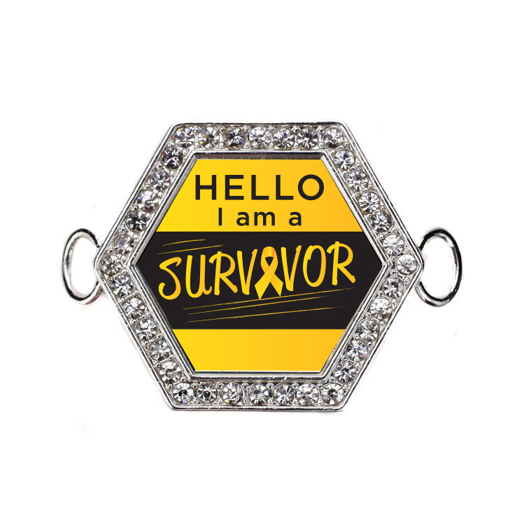 Silver Hello, I Am A Survivor! Yellow Ribbon Hexagon Charm Bangle Bracelet