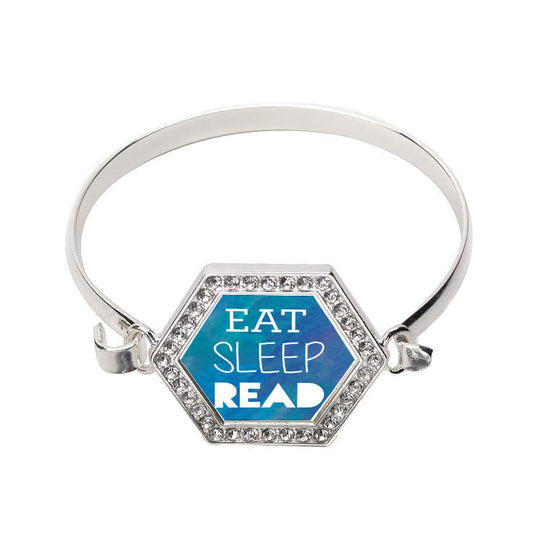Silver Eat, Sleep, Read Heaxagon Hexagon Charm Bangle Bracelet